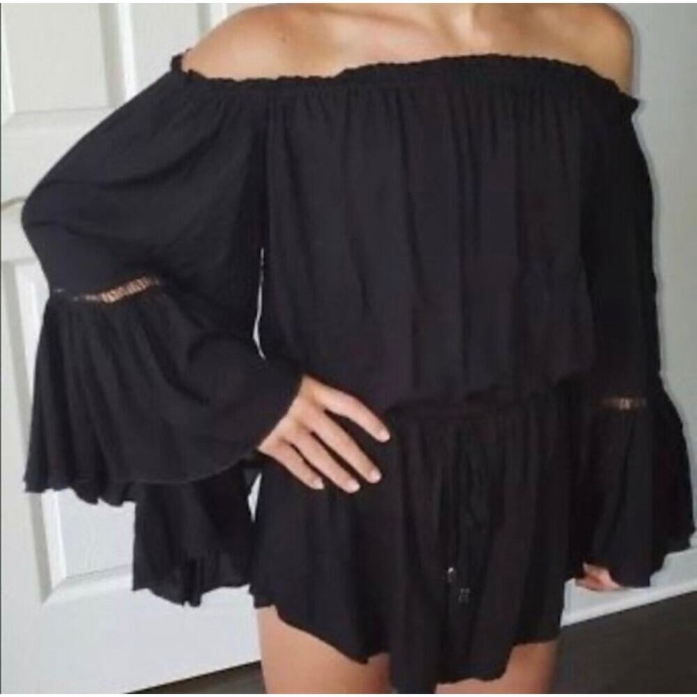 Elan Off Shoulder Bell Sleeve Crochet Detail Swim Cover Up Romper Black Small